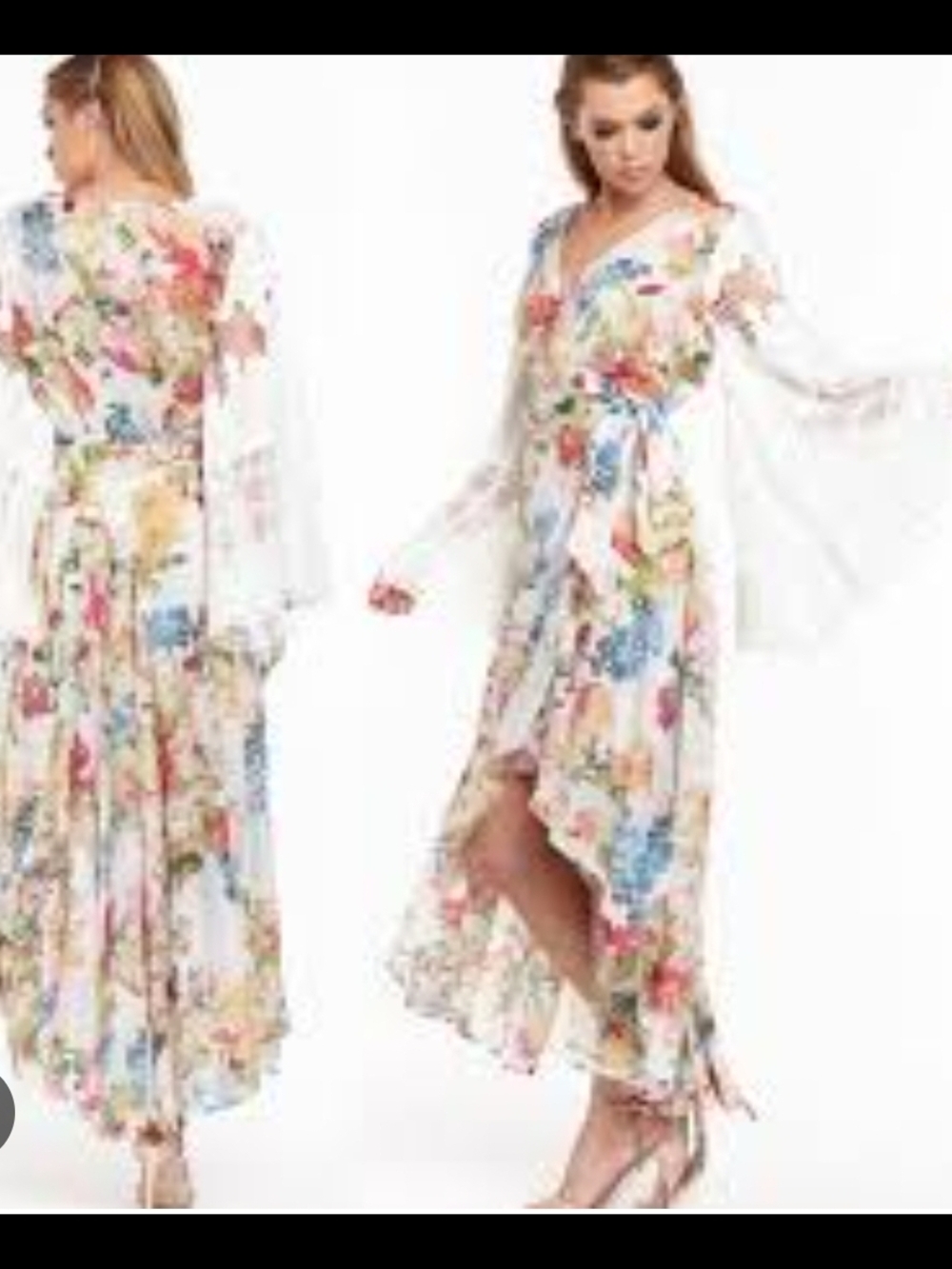 White Floral High-Low Wrap Dress with Bell Sleeves